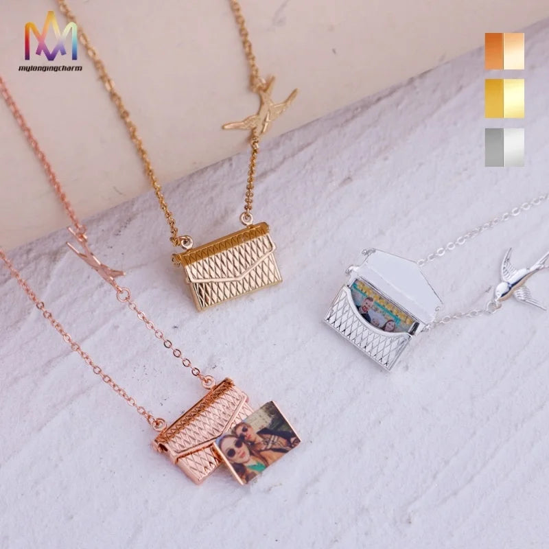Customized Love Letter Envelope Pendant Necklace New Design Swallow Charm Picture Gold Plated Brass Trendy Link for Parties