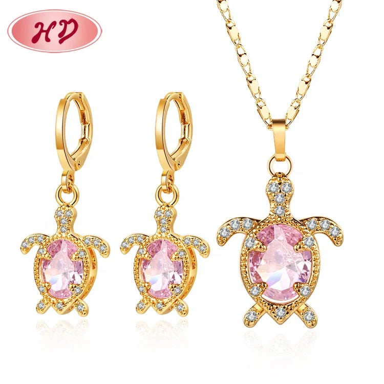 Hd Jewelry Trendy Necklace and Cubic Zirconia Earrings Sets Cute Turtle Design 18K Gold Aaa Brass Set for Jewelry Women