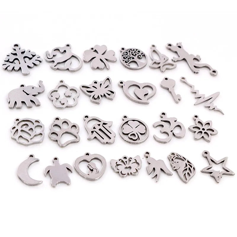 30pcs/lot No Fade Charms 316 Stainless Steel Feather Leaf Moon Star Heart for Necklace Pendant Charms Diy Jewelry Making