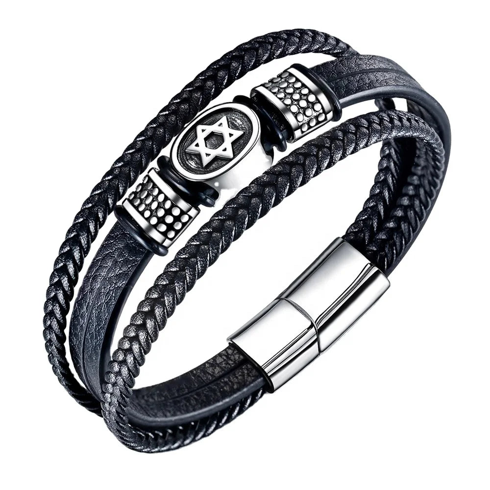 Awn Charm Men's Leather Bracelet Fashion Woven Leather Bracelet Star Stainless Steel 2020 New Hot Sales Retro Bracelets Bangles