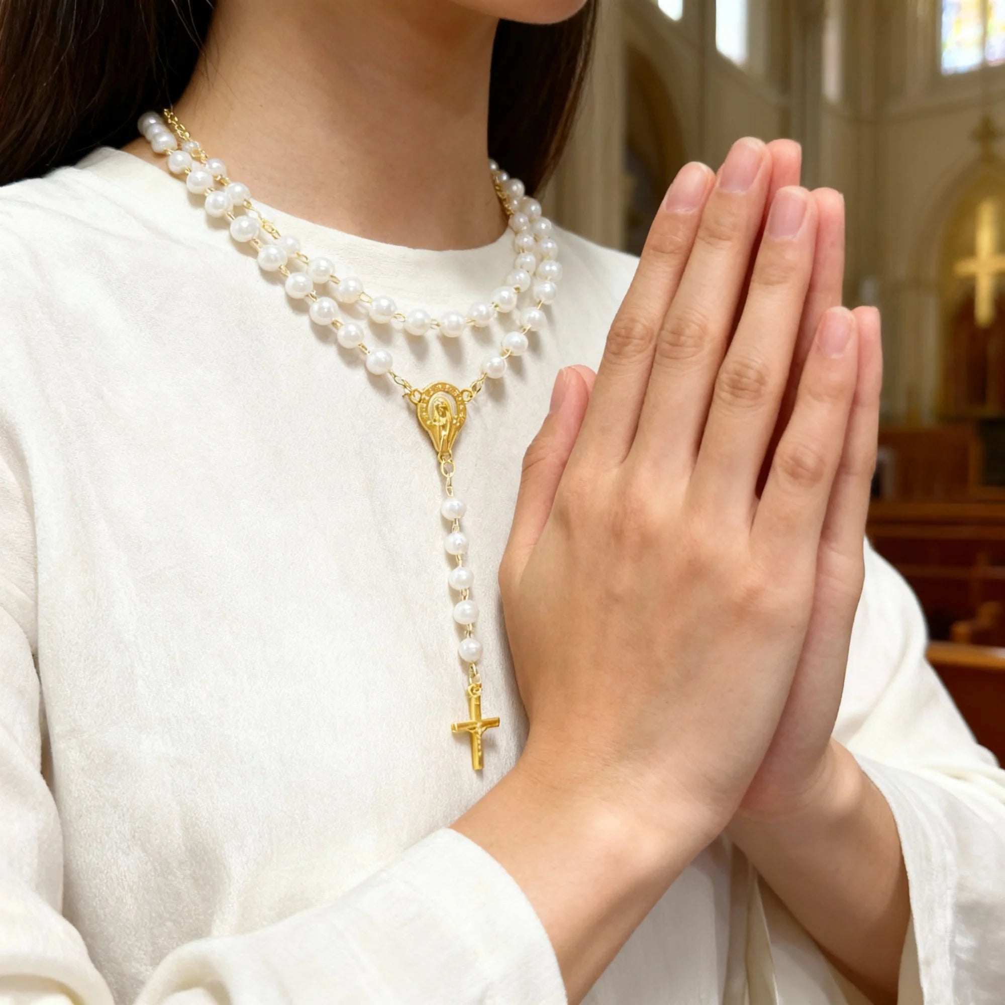 99 Fatima Pearl Rosary Jesus Cross Mary Islamic Religious Jewelry Men Women Featuring Imitation Pearls Strand Gifts Weddings
