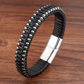 Jewelry Vintage Black Leather Rope Wrap Bracelet Handmade Braided Leather Bracelet Engraving Stainless Steel Magnetic Clasp