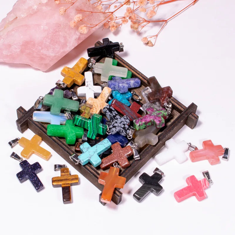 25x18x6mm Natural Stone Cross Pendants Charms Crystal Turquoises for DIY Necklace Jewelry Making Accessories Findings