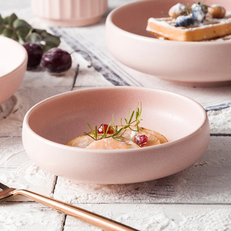 Shengjing Eco-Friendly Nordic Style Matte Pink Porcelain Deep Bowl for Wedding Restaurant Hotel Use