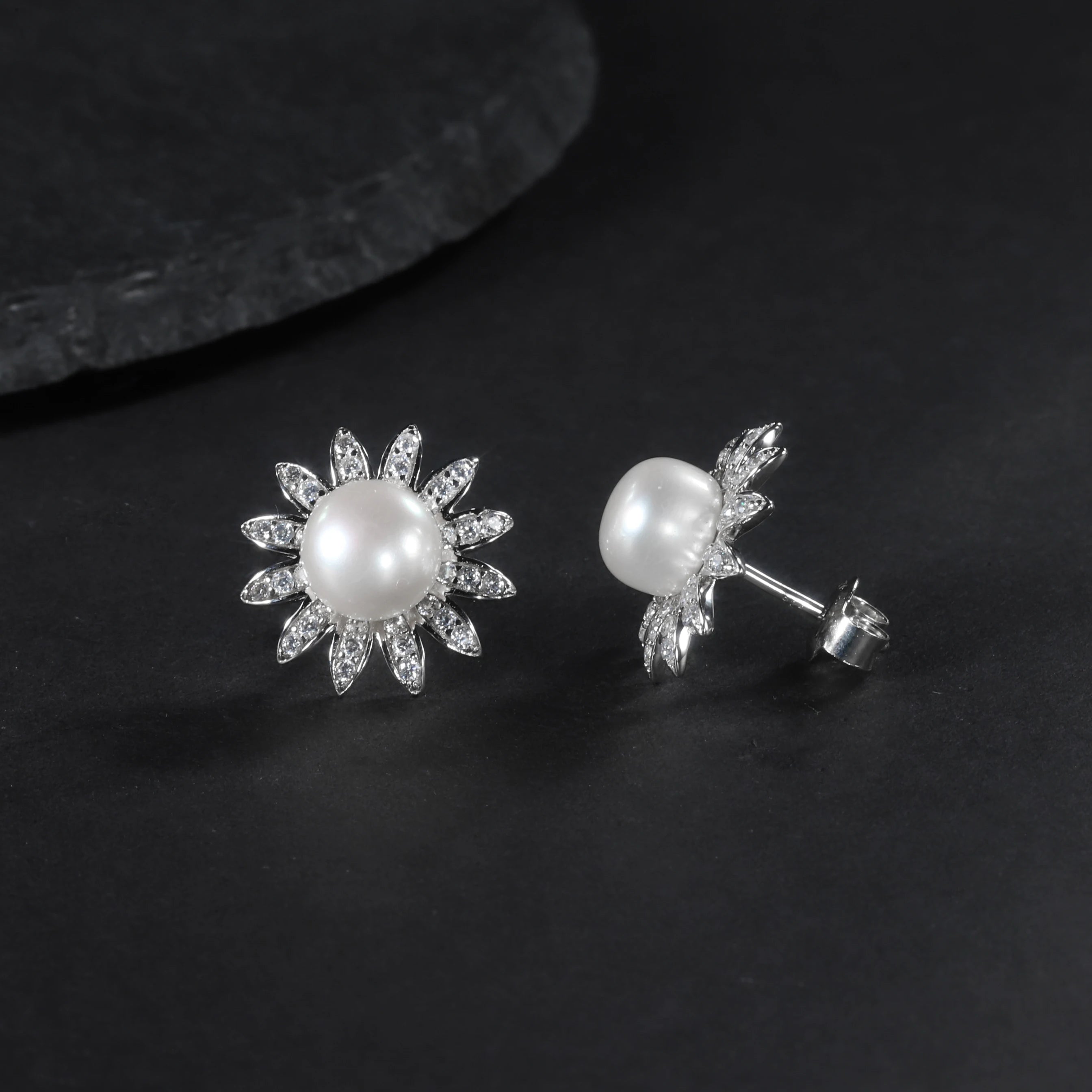 D1030 Abiding Jewelry New Arrival Stud 8mm White Fresh Water Pearl Dainty Bridal Wedding Silver Flower Stud Earrings
