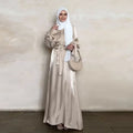 Women's Plus Size Muslim Satin Dress with Glossy Bubble Sleeve Dubai Kaftan Abaya Cardigan Maxi Style Glossy Abaya Islam Clothes