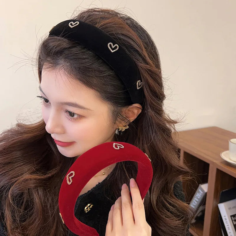 Korean Style Velvet Women Girls Hair Accessories Headband Hairband Vintage Solid Color Elegant Red Heart Velvet Headband