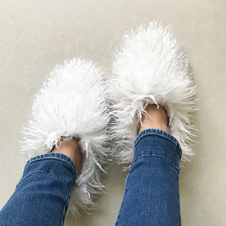 New Design Flat Bottom Fluffy Fuzzy Shoes Long Sheepskin Slide Women Mongolian Fur Slippers