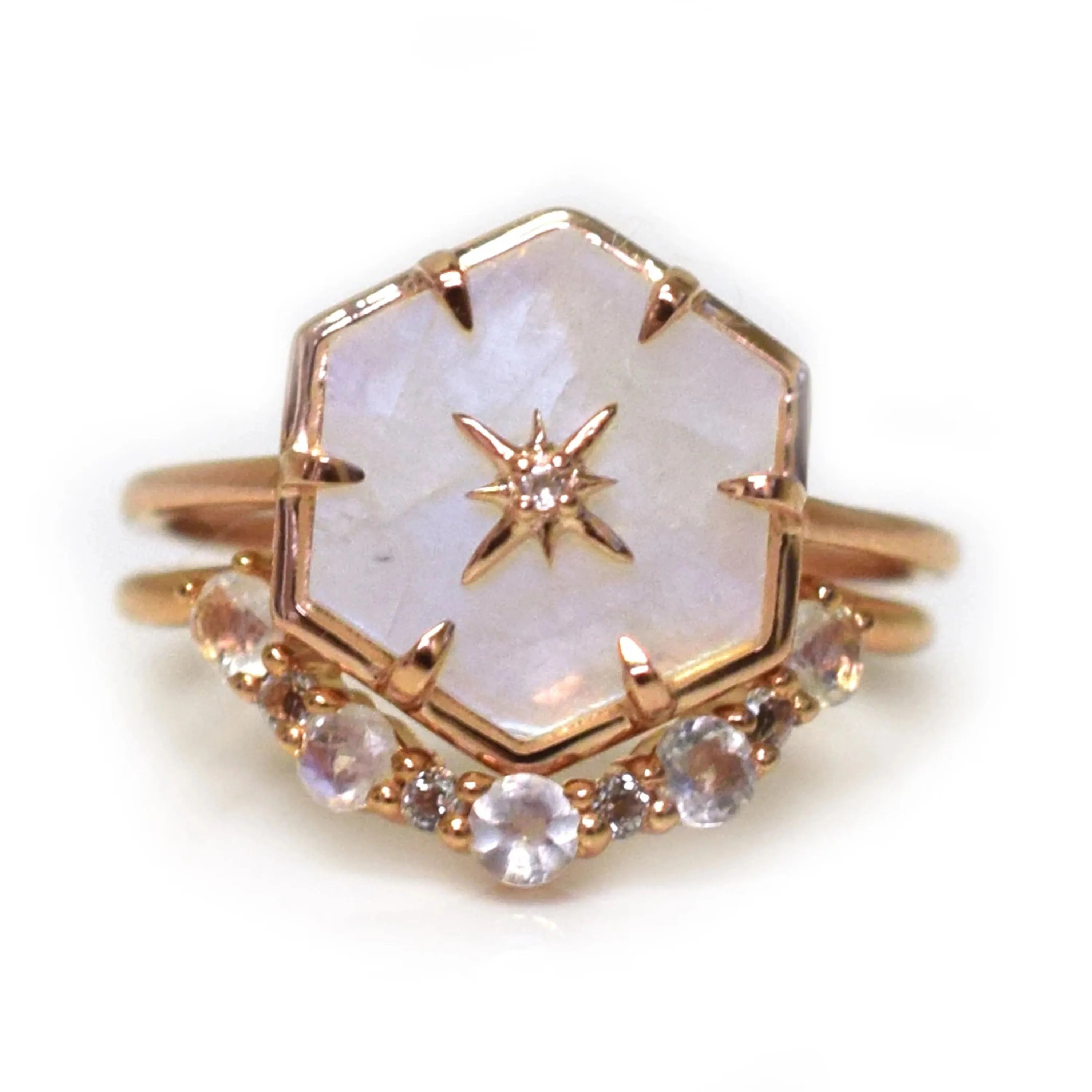 925 Sterling Silver Hexagon Shape Jewelry White Zircon Natural Moonstone Ring Set