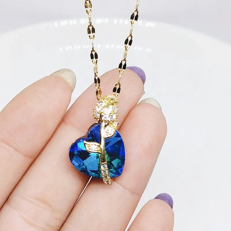 Luxury Trendy Jewelry Blue Crystal Heart Pendant Necklace Sparkling Micro Pave Zircon Cz Rose Flower Necklace Party Jewelry
