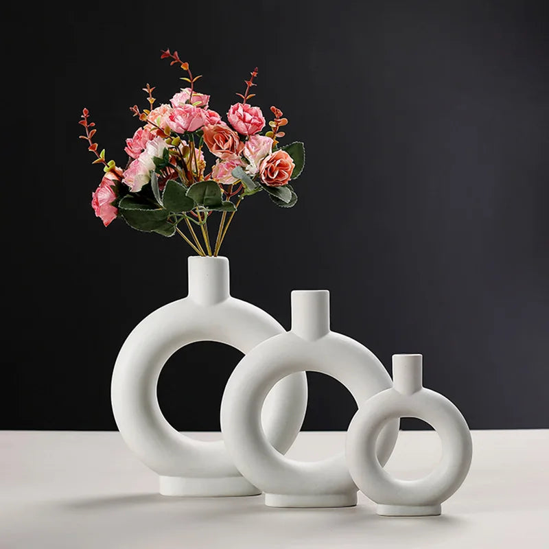 Nordic Ceramic Circular Hollow Vase Donuts Flower Pot Pampas Grass Modern Balcony Porch Living Room Home Bedroom Decor