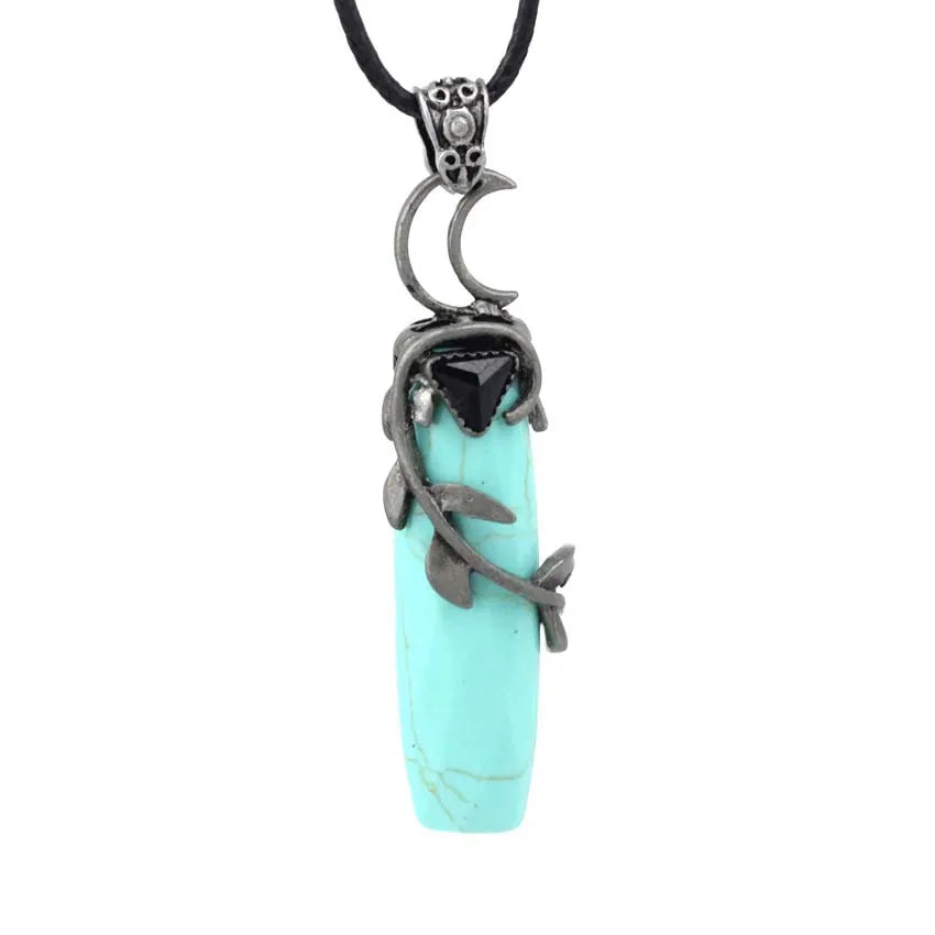 DIY Quartz Stone Ongzhuo Hot Natural Crystal Green Turquoise Antique Silver Color Leaves Winding Faceted Rectangle Stone Pendant Necklace Women Men