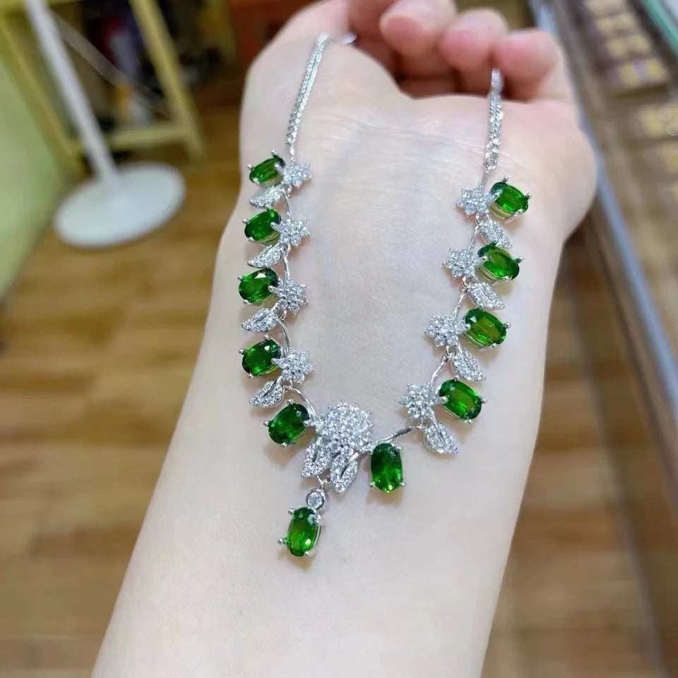 Hot Popular Long 925 Sterling Silver Rose Gold Plating Natural Diopside Beautiful Pendant Necklace for Women