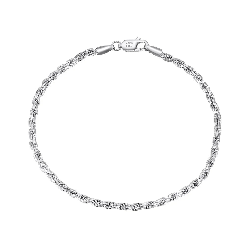 RINNTIN SB102 Twist Link 3.3mm Men Women 925 Sterling Silver Waterproof Jewelry Twisted Rope Chain Bracelet