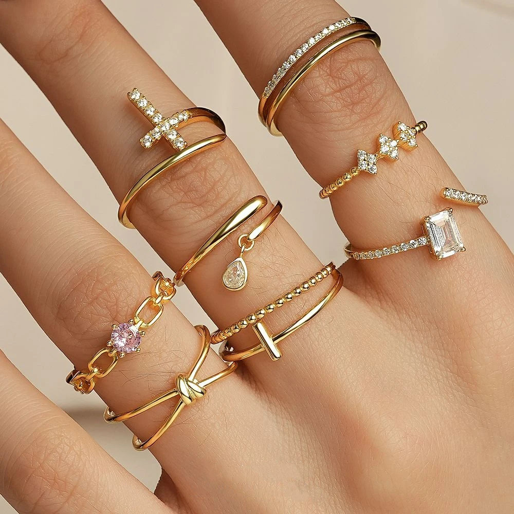 Daidan Silver Rings 925 Open Cz Stacking Water Drop Baguette Cross Adjustable Rings for Women