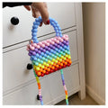 Trendy Mini Handbag with Rainbow Beads Woven Colorful Pearl Beaded Tote Bag Purse Small Jelly Pearl Acrylic Bag Zipper Closure