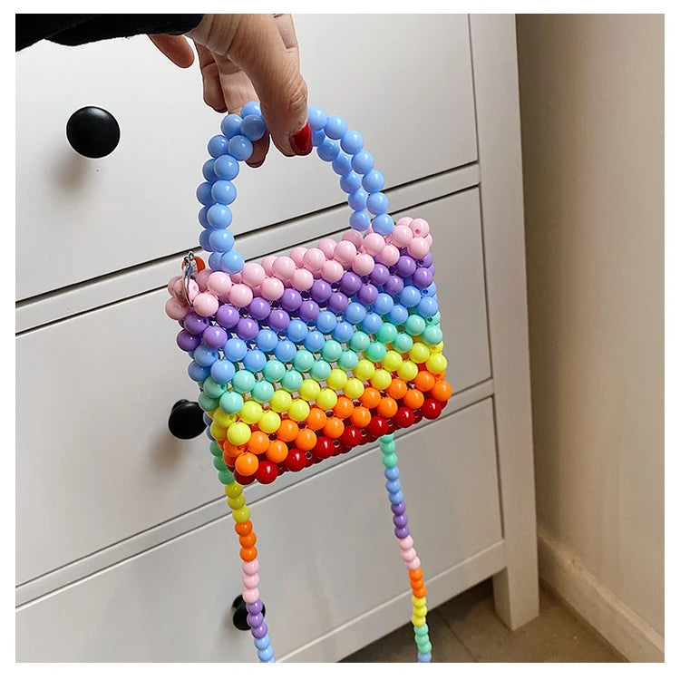 Trendy Mini Handbag with Rainbow Beads Woven Colorful Pearl Beaded Tote Bag Purse Small Jelly Pearl Acrylic Bag Zipper Closure