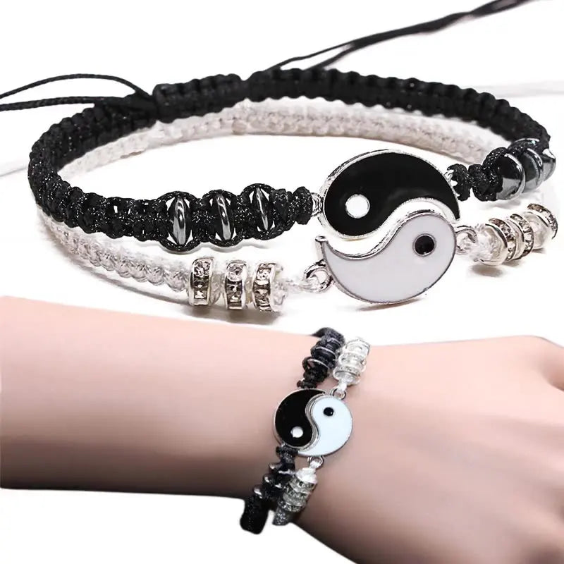 Couple Bracelets Hematite Leather Cord Braid Bracelet Chinese Yin Yang Tai Chi Alloy Pendant Two-piece Woven Lover Bracelet Gift