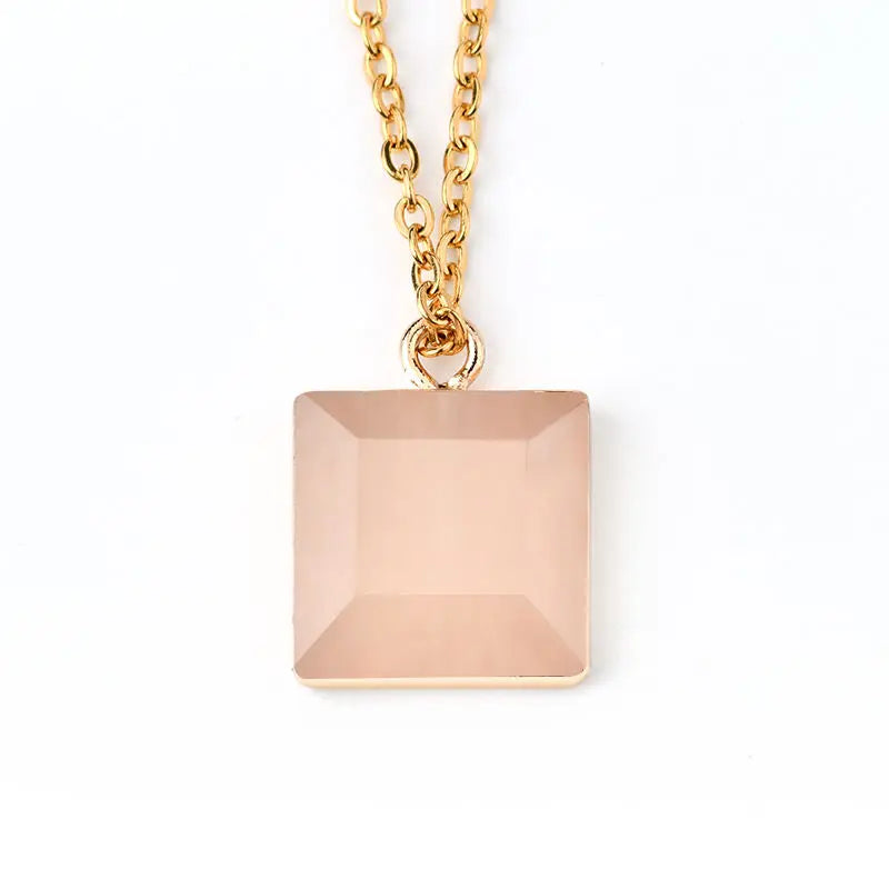 18k Gold Stainless Steel Stone Square Pendant Necklace Gold Color Rim Natural Gemstone Faceted Square Pendant