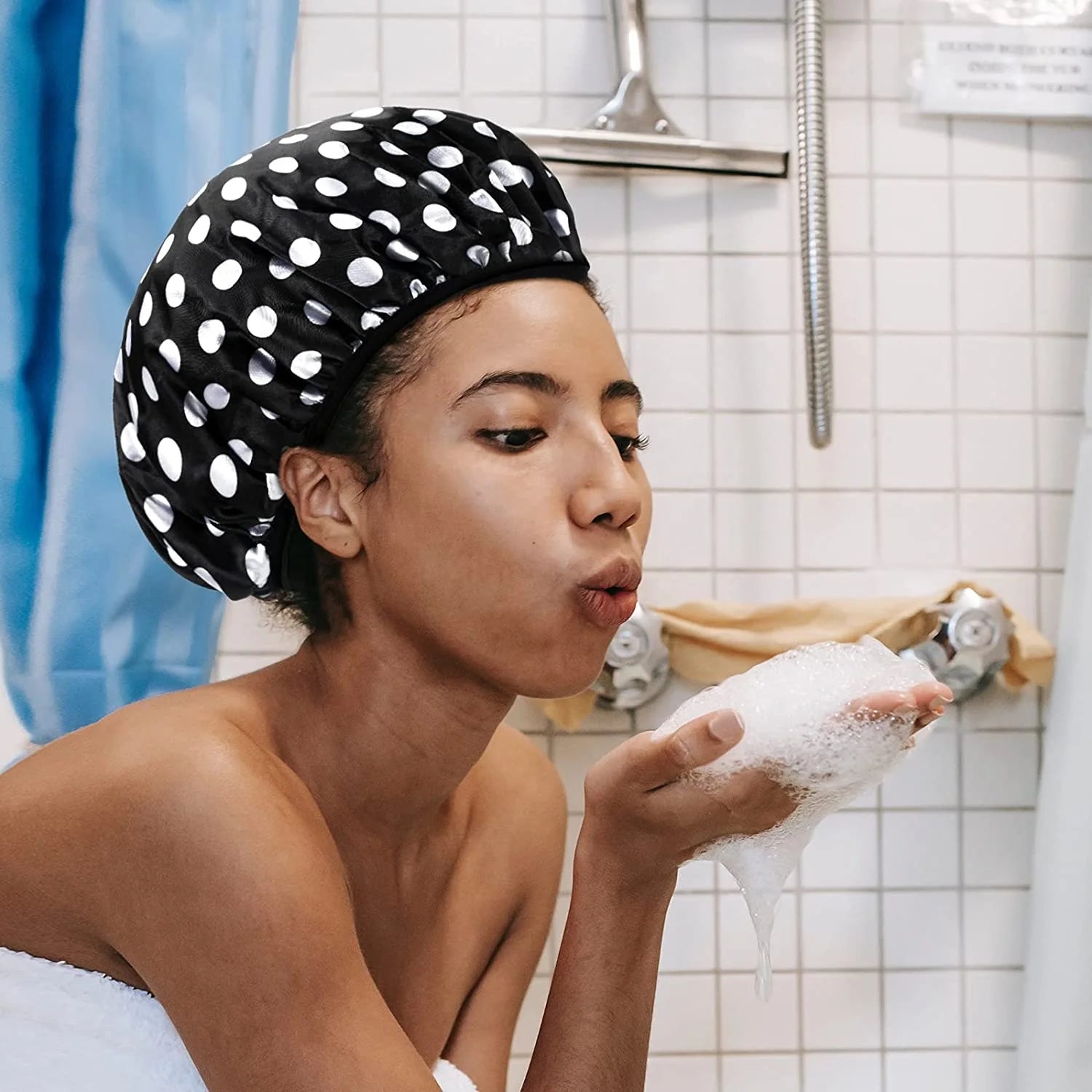 Custom Double Layer Black White Dot Bathing Shower Cap