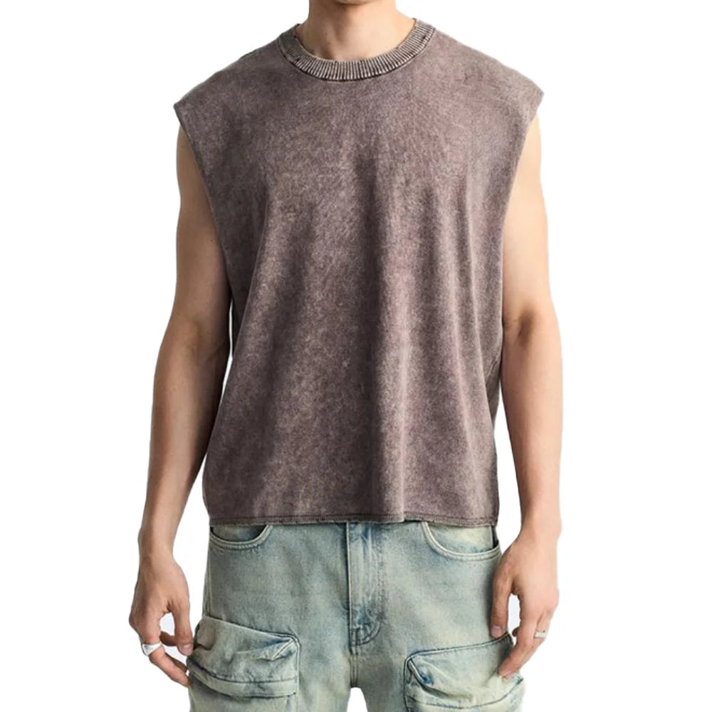 Vintage Custom Printing O-Neck  100%Cotton Tank Top Shirts Drop Shoulder Stone Wash Men'S Vest