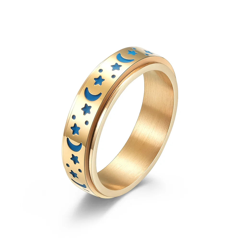 Stainless Steel Spinner Rotating Moon and Stars Luminous Ring Glow in the Dark