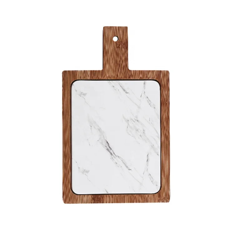 Golden Marble Pottery Eco-Friendly Ceramic Household Round Dessert Steak Tray Western Dinner Plate with Wooden Base