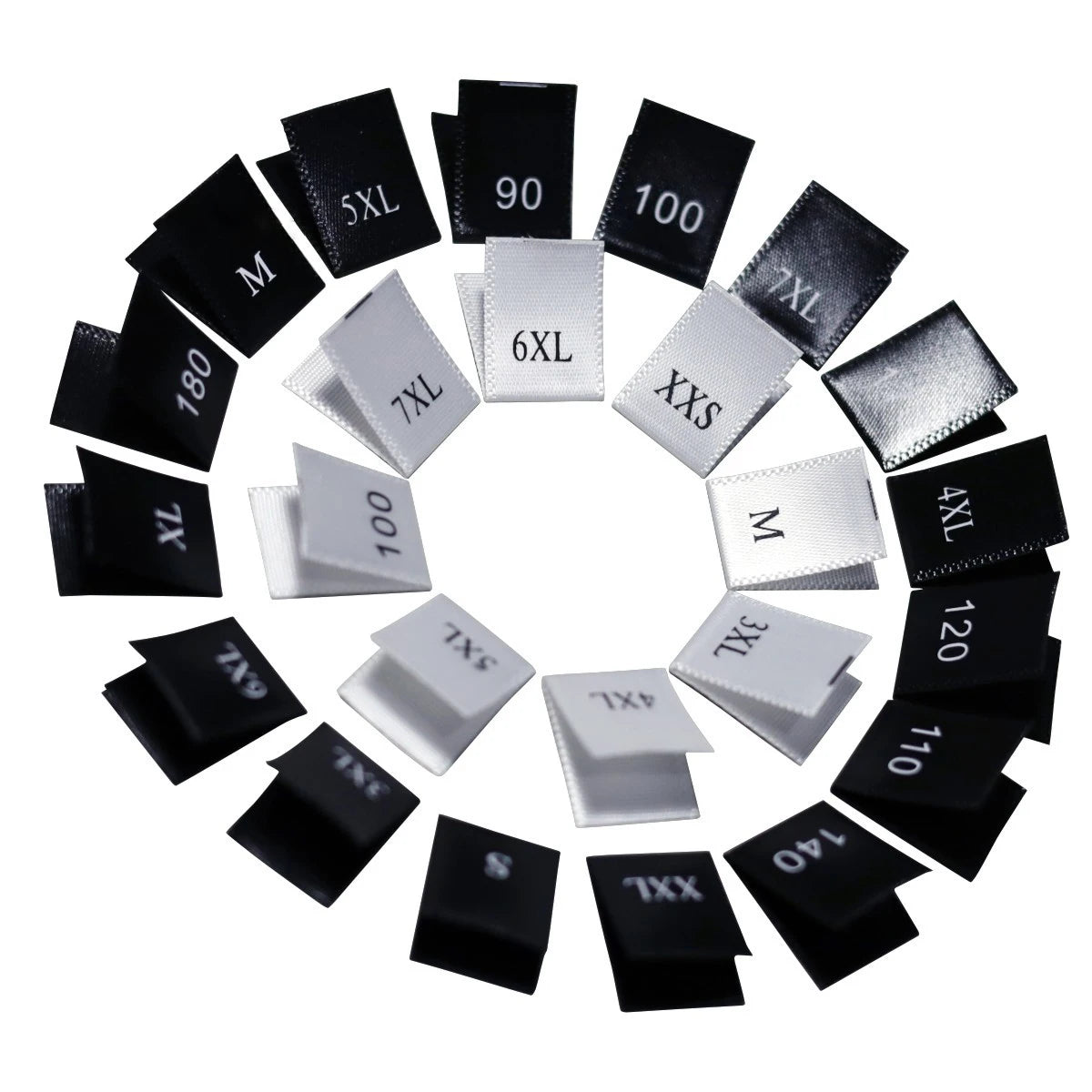 Wholesale Mini 70 to 185 Black Garment Size Satin Labels XXS XS S M L XL XXL White Printed Size Labels for Clothing