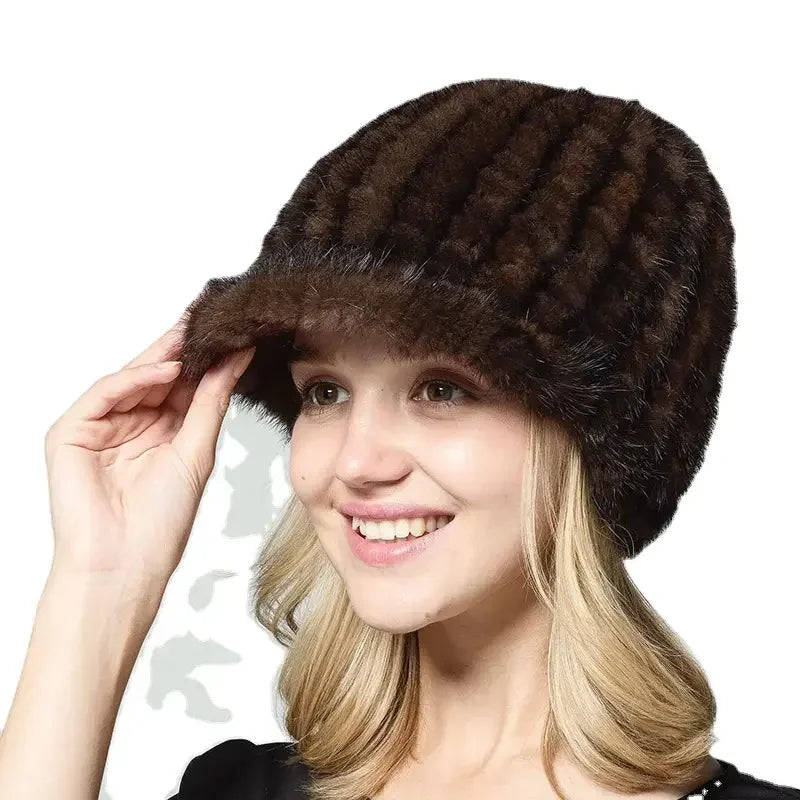 MWFur Winter Street Fashion Fur Caps Fashion Knitted Mink Fur Hats Casual Female Cap Mink Fur Hats Winter Small Brim Hat
