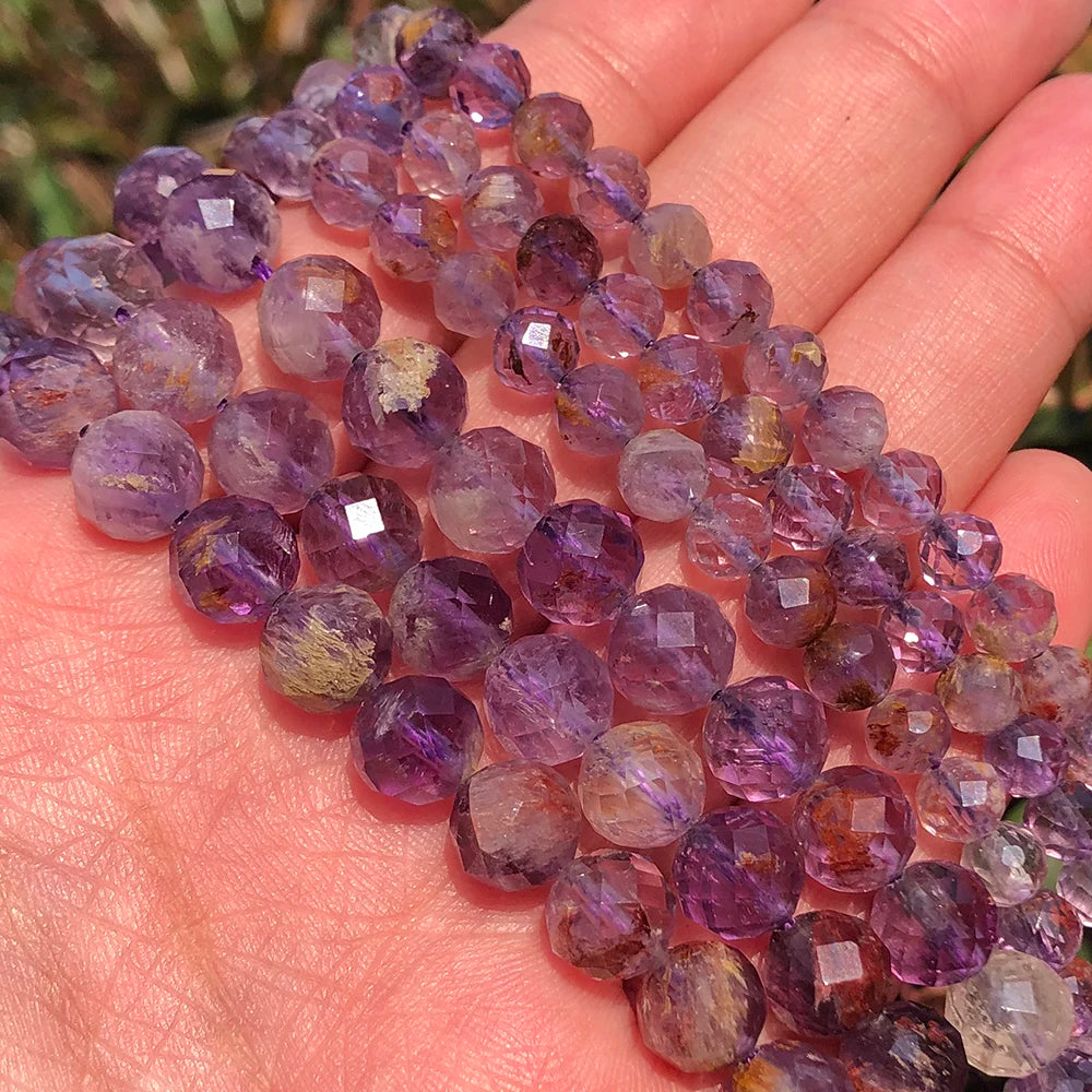 Natural 6MM/8MM Faceted Purple Ghost Quartz Gem Stone Loose Beads for Jewelry Making DIY 7.5''