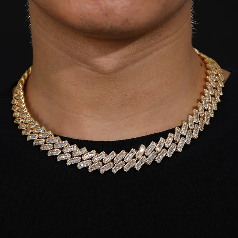 Bling Hip Hop Jewelry 16mm 18K Gold Plated Prong Setting AAAAA Baguette CZ Diamond Iced Out Miami Cuban Link Chain Necklace