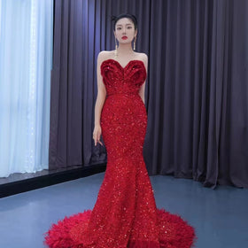 Sparkly Burgundy Mermaid Prom Dresses Beaded Sequins Feather Train Gillter Lace-up Fishtail Evening Occasion Gowns RSM222150