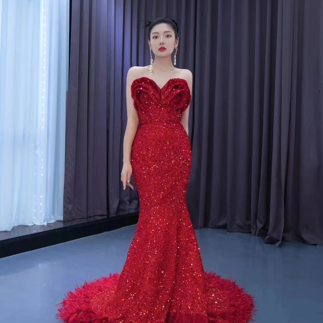 Sparkly Burgundy Mermaid Prom Dresses Beaded Sequins Feather Train Gillter Lace-up Fishtail Evening Occasion Gowns RSM222150