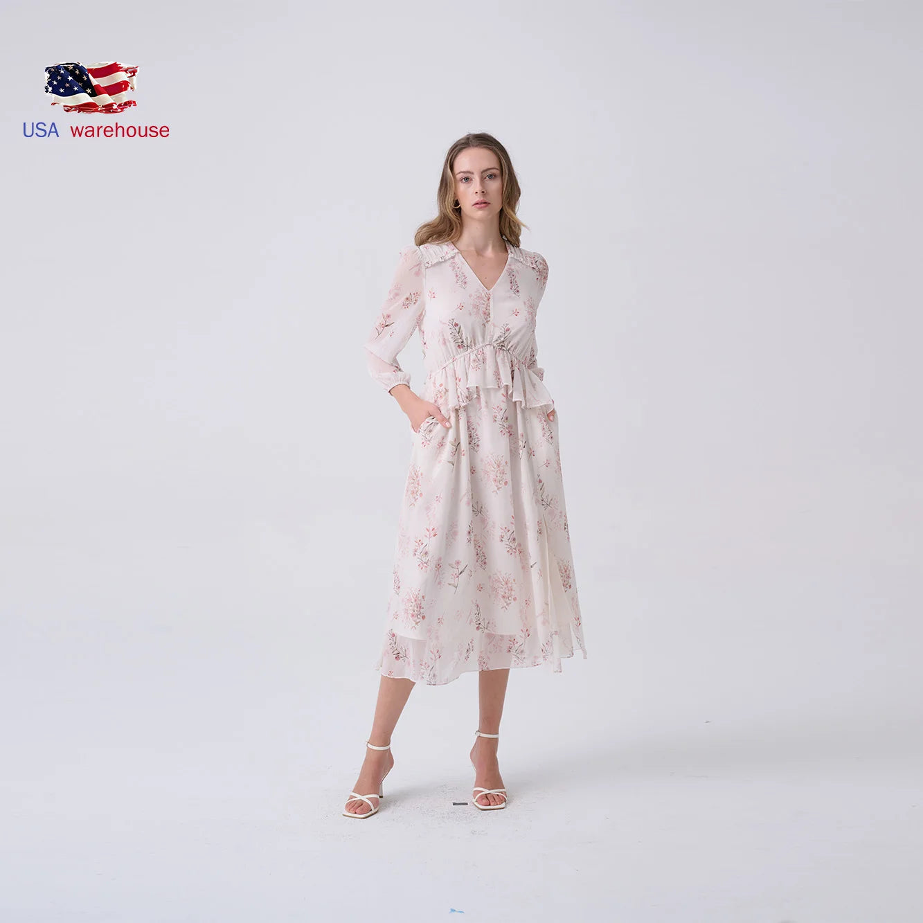 Vintage Floral Print Dress Ruffle Hem Dress Long Sleeve Split Flowy Tiered V Neck Long Maxi Dress for Women