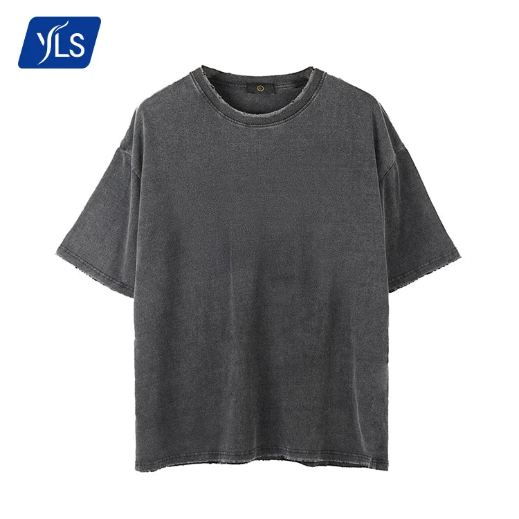 YLS Wholesale Hot Sale Oversize Men Cotton O Neck Solid Knitted Quick Dry Anti-shrink Vintage Wash Edging T Shirt
