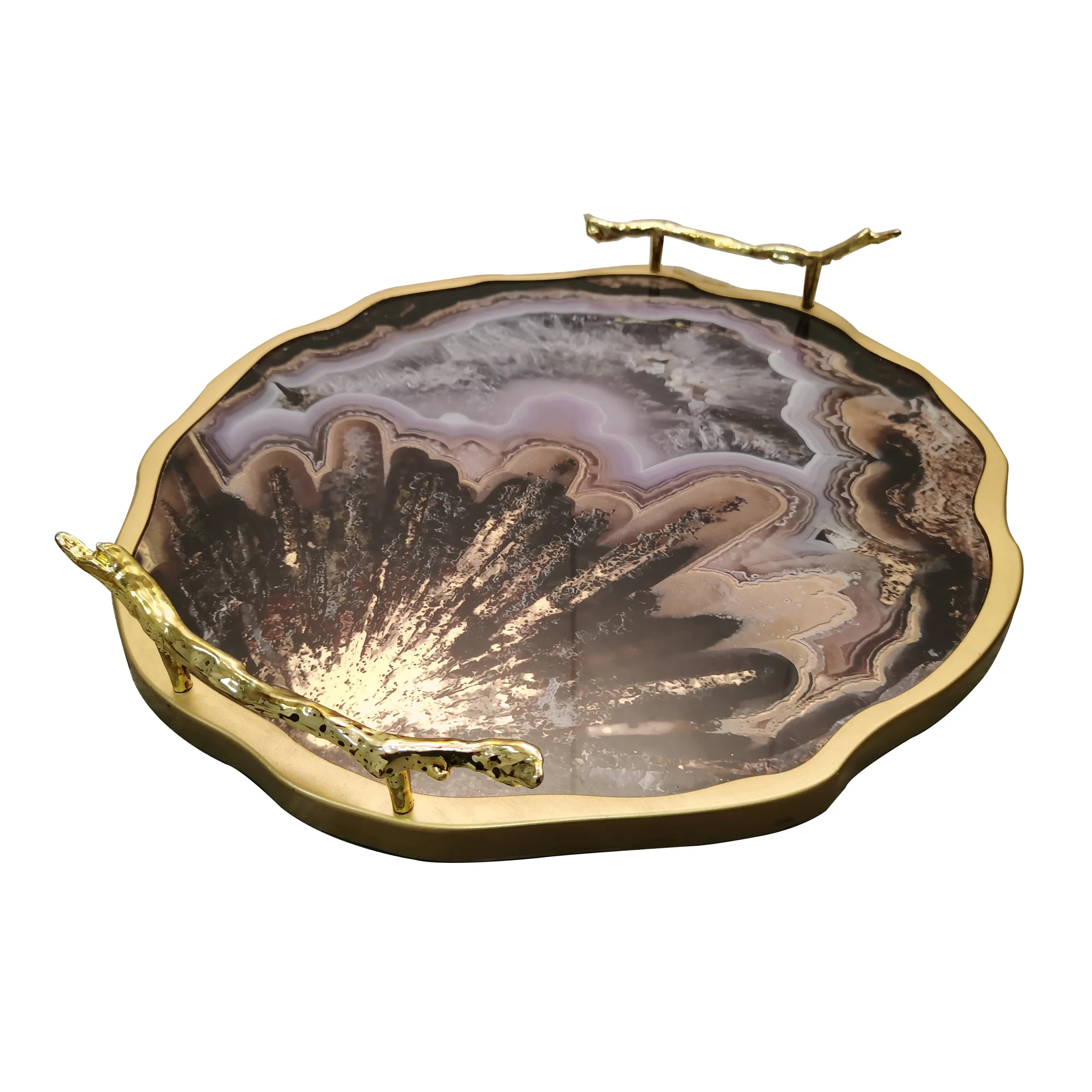 Source Factory Custom Modern Table Decoration Tray Handle Gold Agate Glass Pattern Serving Tray
