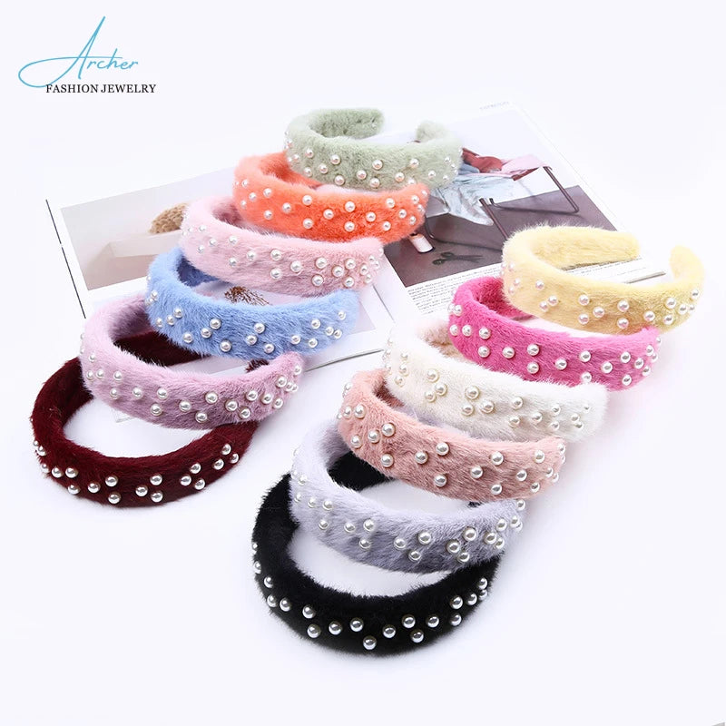 Fashion Plush Sweet Style Headbands Head Wrap with Faux Pearl Hair Hoops Fabric Headband Hair Accessories for Women Girls Archer