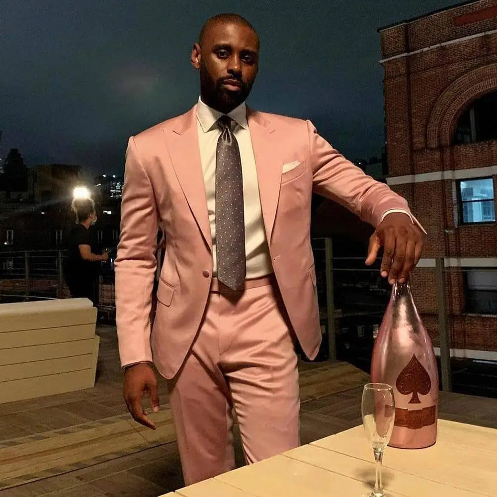 Costume Homme Pink One Button Men Suits Groom Tuxedos Peaked Lapel Wedding Terno Masculino Slim Fit 2 Pieces (Jacket+Pants)