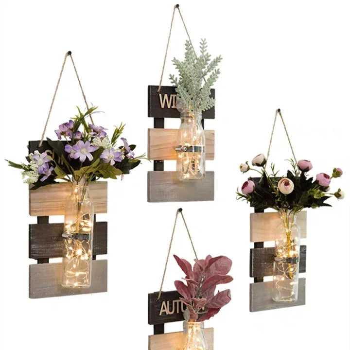 Rustic Handmade Wood Wall Sconces with LED Fairy Lights Farmhouse Kitchen Decor Eco-Friendly Painted Wall Art