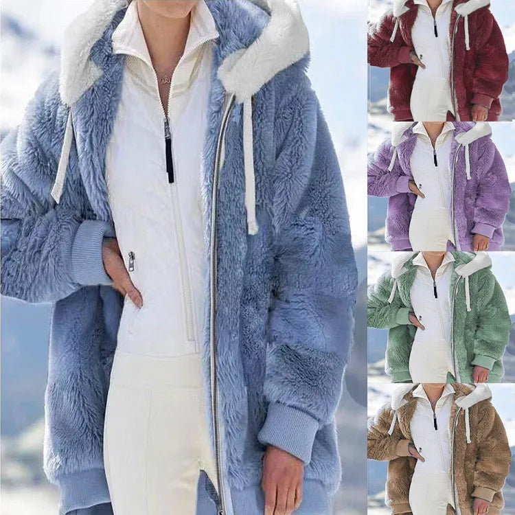 New Winter Loose Plush Zipper Hooded Women Autumn Casual Jacket Fashion Warm Coat