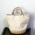 Large Capacity Durable Fabric Canvas Splicing Pure Hand-Woven Handbag Rattan Bag