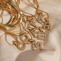 Double Chain Initial Letter Charms Pearl Zircon Paved Stainless Steel Gold Plated Herringbone Pendant Necklace