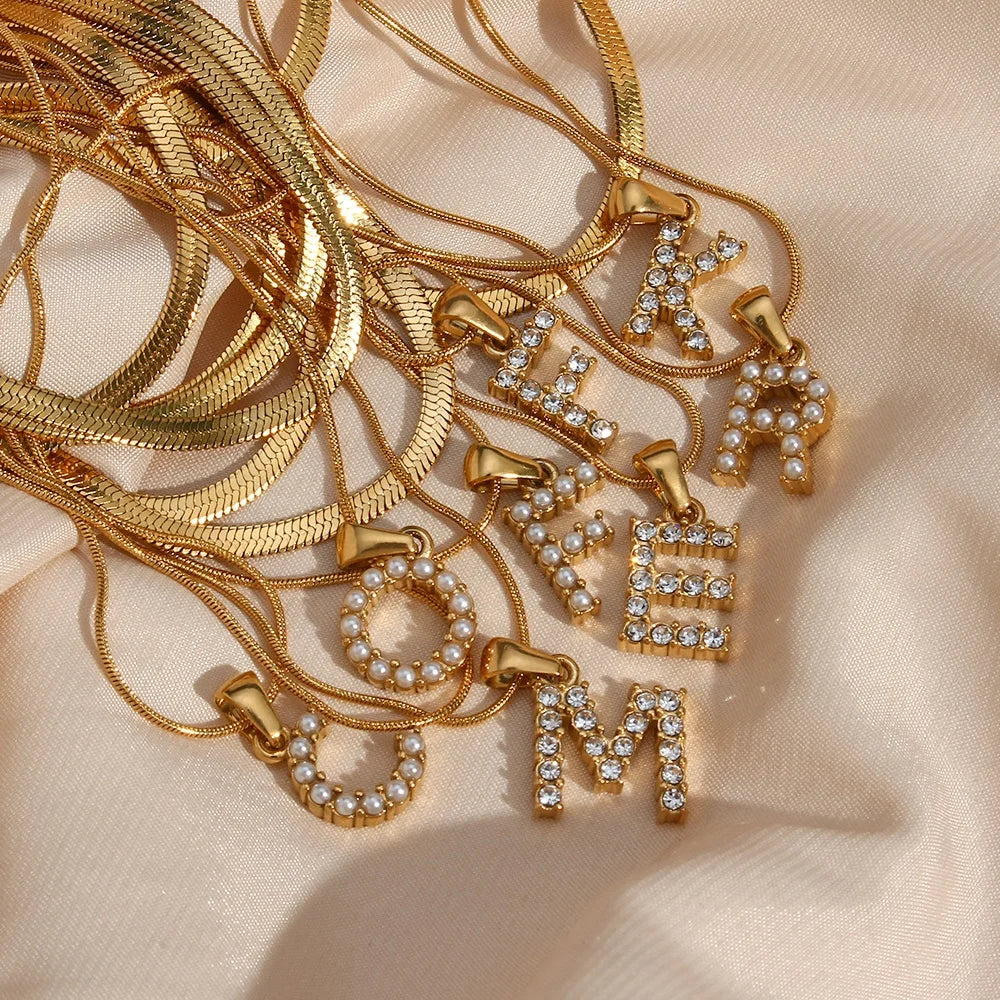 Double Chain Initial Letter Charms Pearl Zircon Paved Stainless Steel Gold Plated Herringbone Pendant Necklace