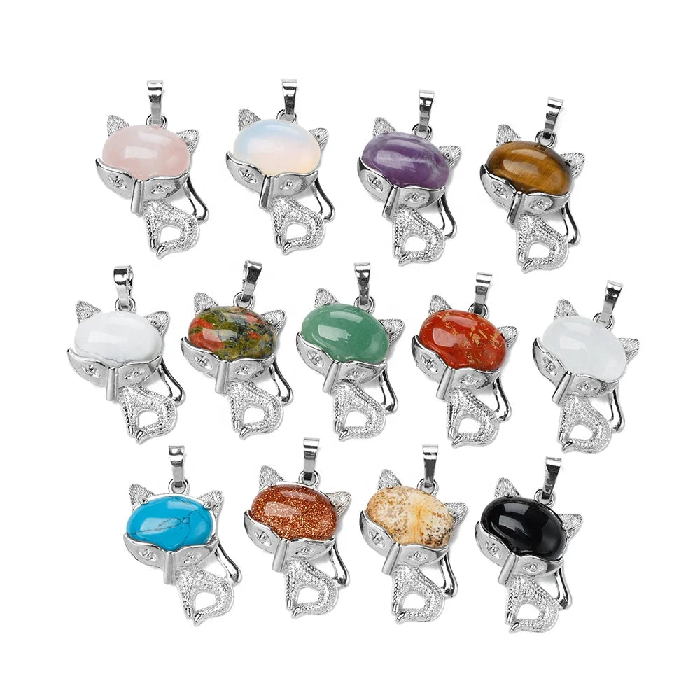 New Design Natural Crystal Stone Necklace Fox Shape Pendant for Women and Girls Fashion Wrapped Energy Healing Necklace