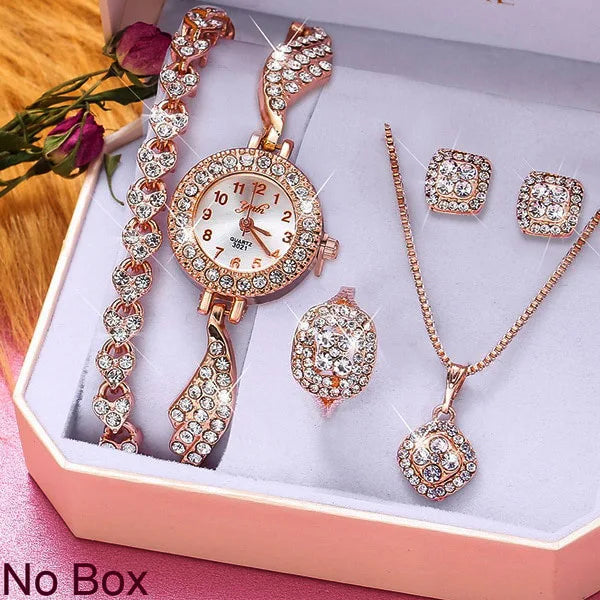 2024 Fashion Luxury Full Crystal Watch Set Diamond Necklace Earrings Set Jewelry for Women Gift