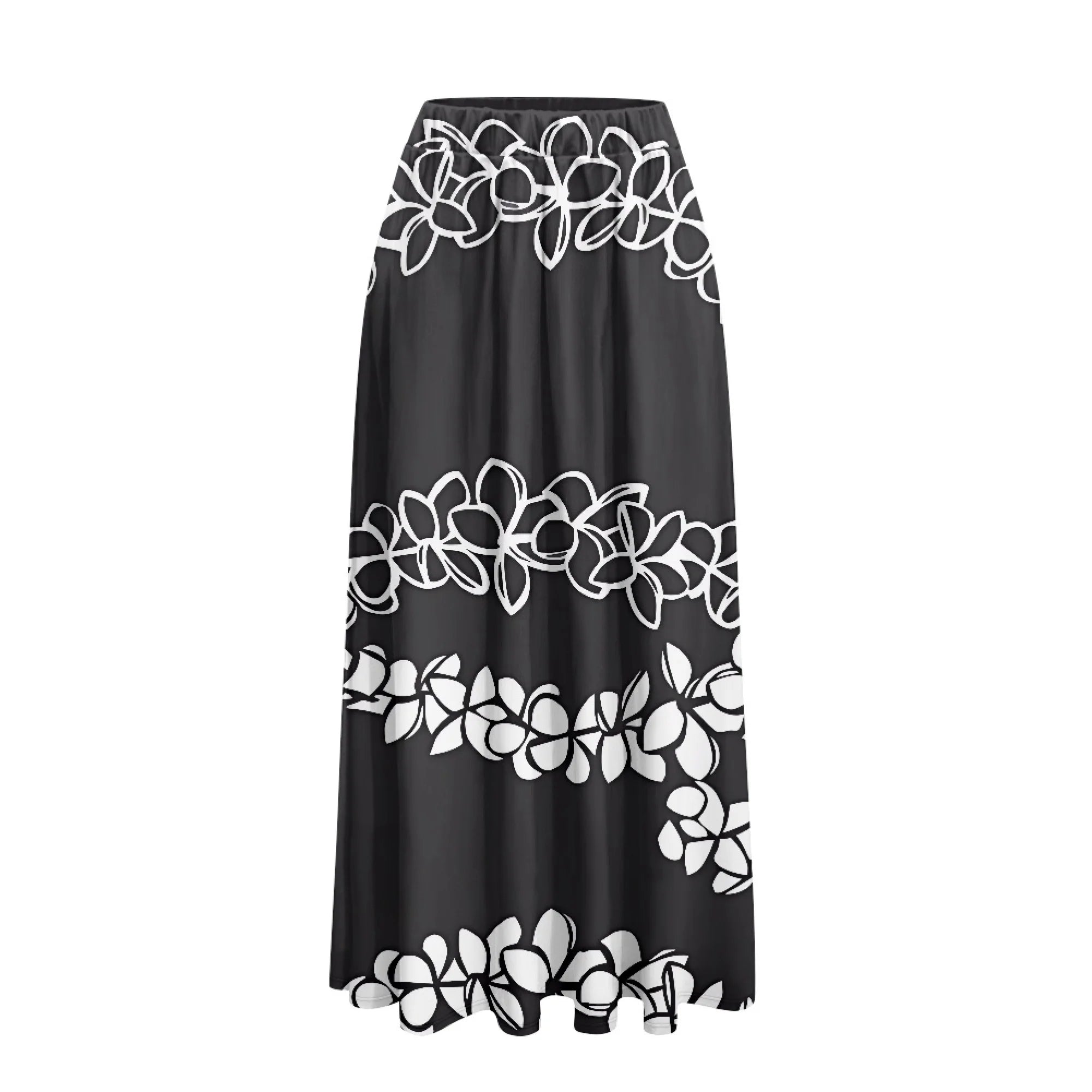 Luxury Black with Flower Printed Women's Satin Stretchy High Waisted Maxi Skirts Elastic Waistband a Line Long Skirt with Pocket