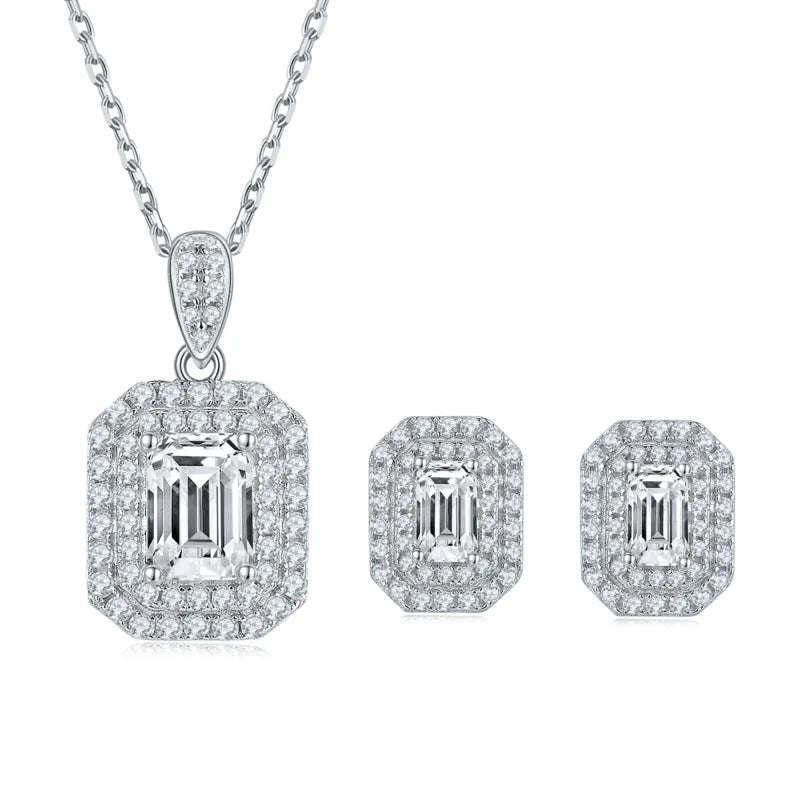 Fashion Jewelry Emerald Cut S925 Sterling Silver Moissanite Pendant Necklace Stud Earrings Engagement Wedding Jewelry Sets