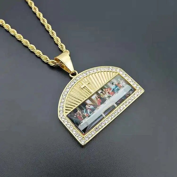 Stainless Steel Oil Painting Picture Pendant Jesus Cross Necklace Sublimation Jewelry Blanks
