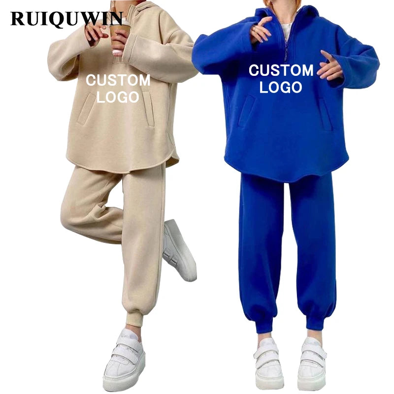 RUIQUWIN Wholesale Warm Autumn Women Pullover Sweatsuit Fashion High Quality Gym Solid Oversized Zipper Hoodie Set