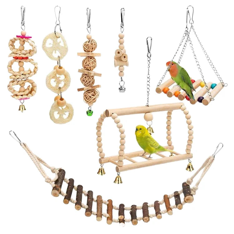 8-in-1 Natural Wood Parrot Toys Set Chewable Swing Rope Ladder Rotating Staircase for Birds